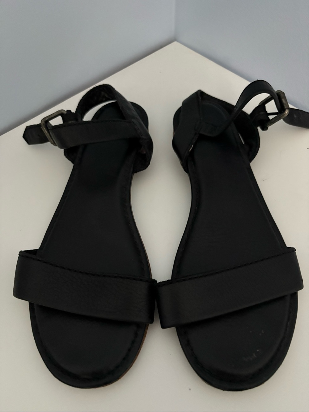 Frye Black Leather Ankle-Strap Flat Sandals